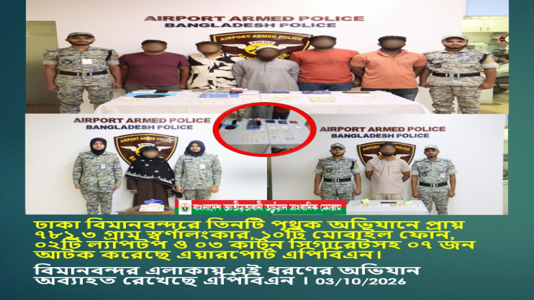 ঢাকা বিমানবন্দরে তিনটি পৃথক অভিযানে ৭৮১.৩ গ্রাম স্বর্ণালংকার